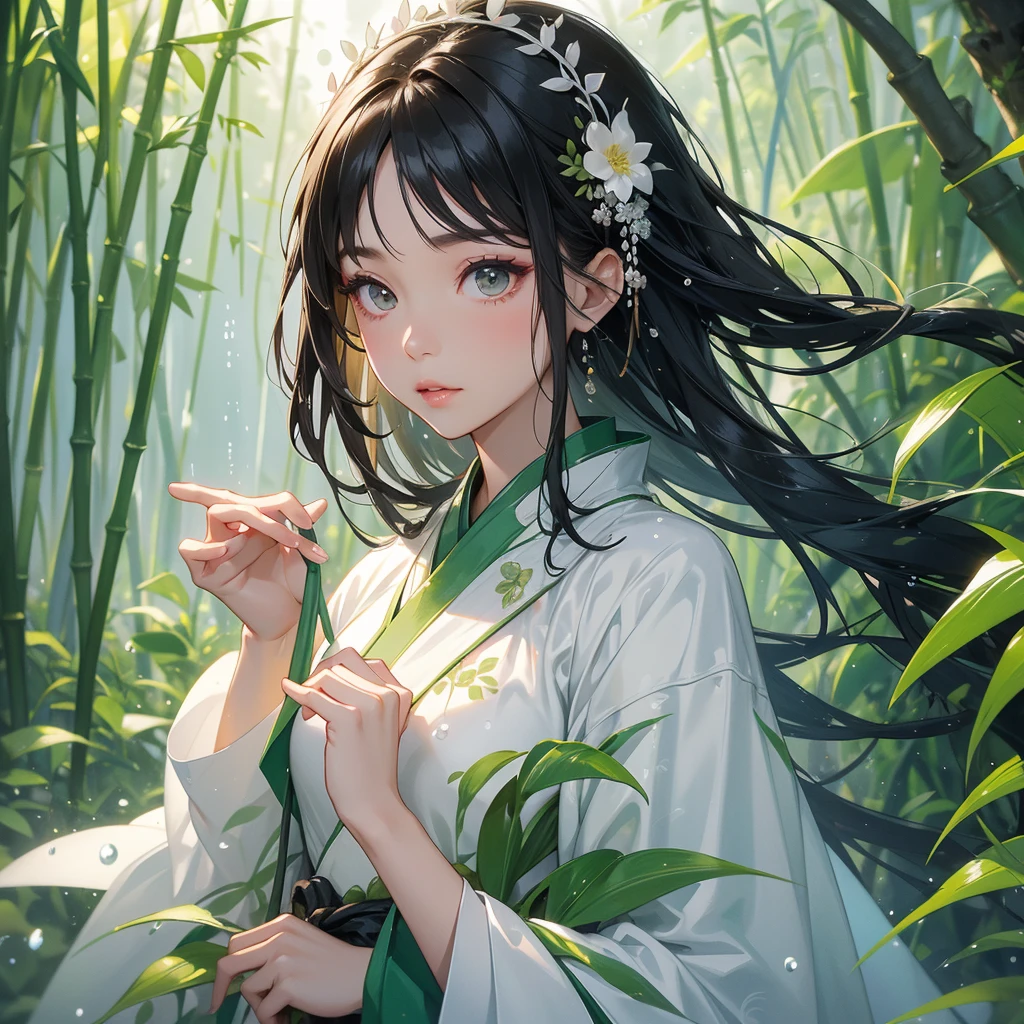 A black hair beautiful female in white hanfu dress , close up.
The back is a lush green bamboo forest. The air after rain has water droplets splashing around.
