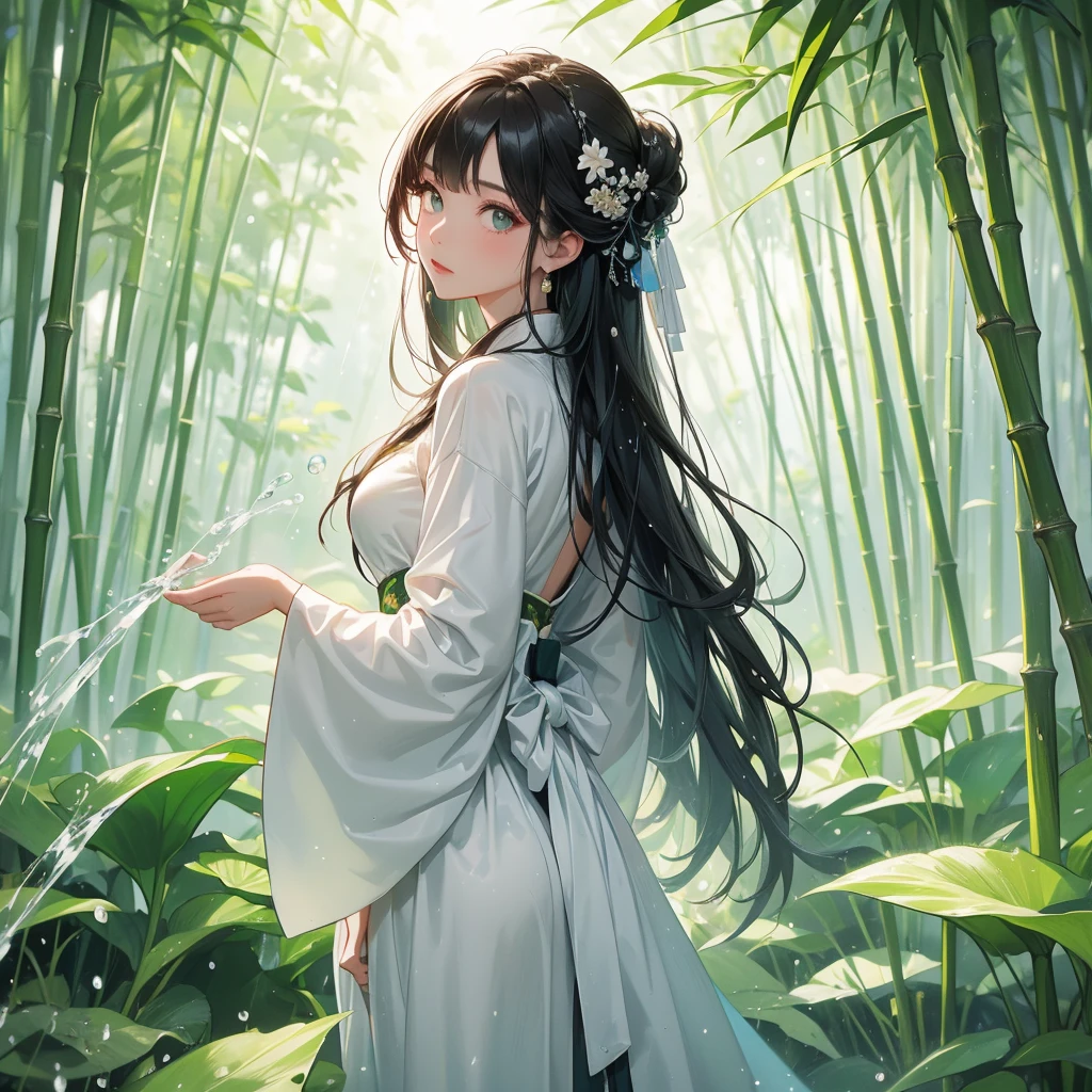 A black hair beautiful female in white hanfu dress , close up.
The back is a lush green bamboo forest. The air after rain has water droplets splashing around.