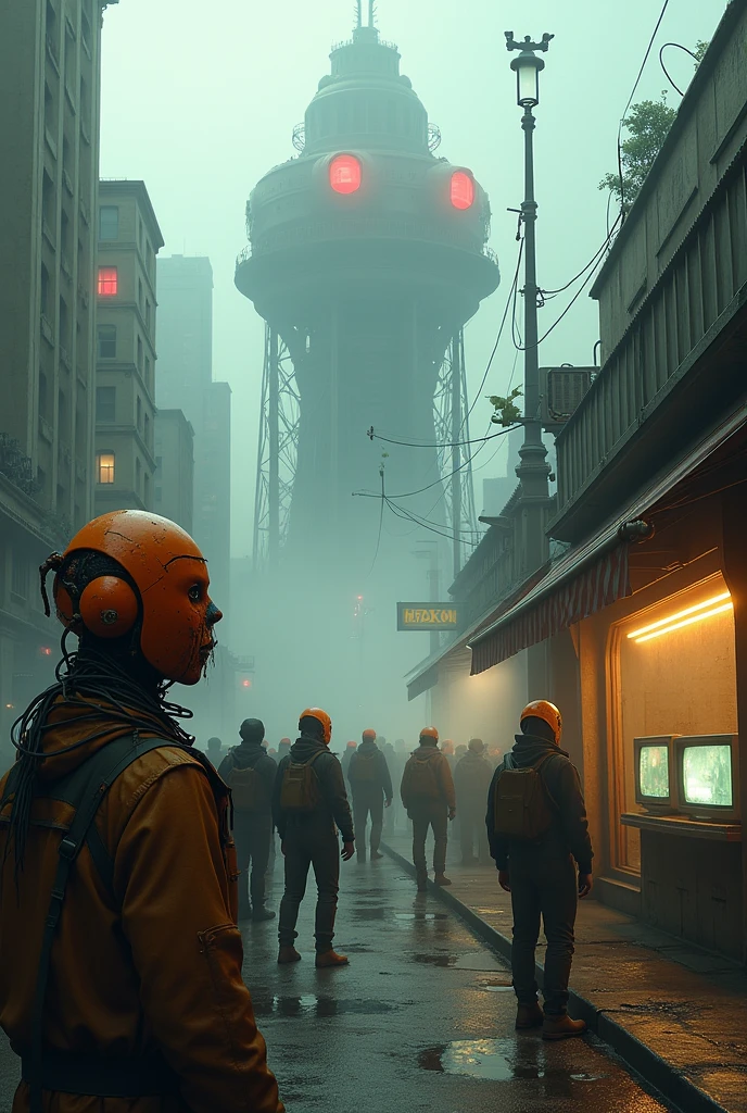 Cyber foggy style destopik street population robots humanoids old destroyed orange creepy metallic fringed with cables from their faces, talking to each other, destopyc cyberpunk street with other robots in the street their orange masks are orange and grunge and their eyes are lights,foggy street with some light spots, realistic sizes,very sad robots dressed like human poors in front of an old shop exposing old televisions they must be seen by back and are looking in front of the vitrine by back,in background a crowded very big building futuristic and sad with gigantic tower red illuminated tripod controling population with lighted eyes and cables from their bodies in train station,