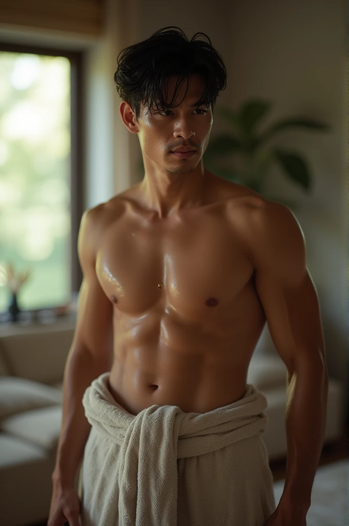 a 30 year old Indonesian man wearing a towel around his waist after showering with wet hair in the living room