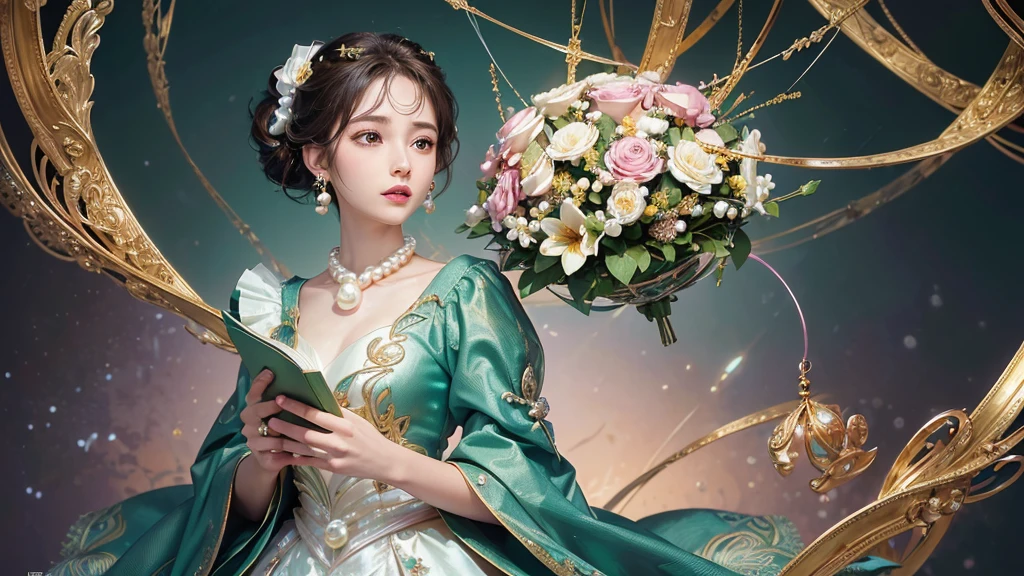 32K, 最高quality, 最高masterpiece, (ultra-Detailed Background, Detailed Background), High resolution, Super detailed, Very detailedな, 1 personの, (bouquet:1.3), (Tangled:1.2), (Geometric:1.2),(colorful),(masterpiece, quality, best quality, Official Art, Beautiful and beautiful:1.2), (1 person:1.3), Very detailed,(colorful:1.1)(Flowers:1.3),Most detailed,(Tangled:1.2), whole body, (Abstract background:1.3), (Skin glows), (Many colors:1.4), ,(Earrings Pearl:1.5), Light green background, It's imaginative., Brunette Hair, Updo, Holding a book, Holding a pen, Satin shirt