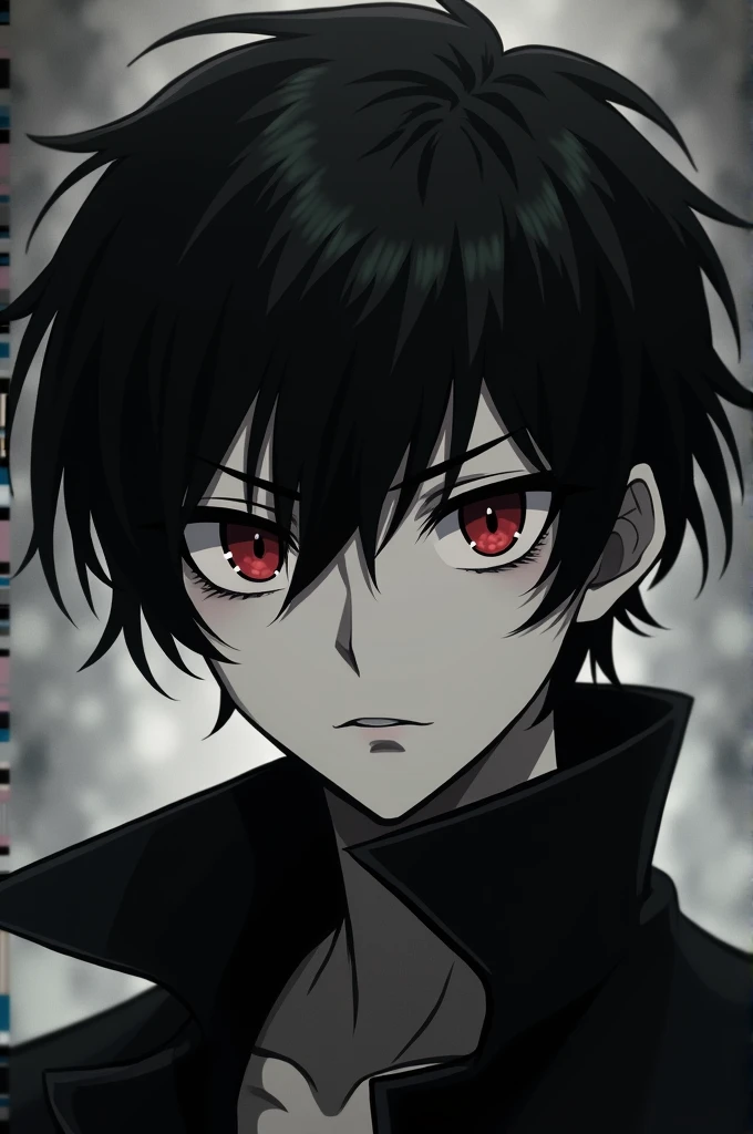 Black and white creepy but handsome anime boy with black eyes and red pupil 
