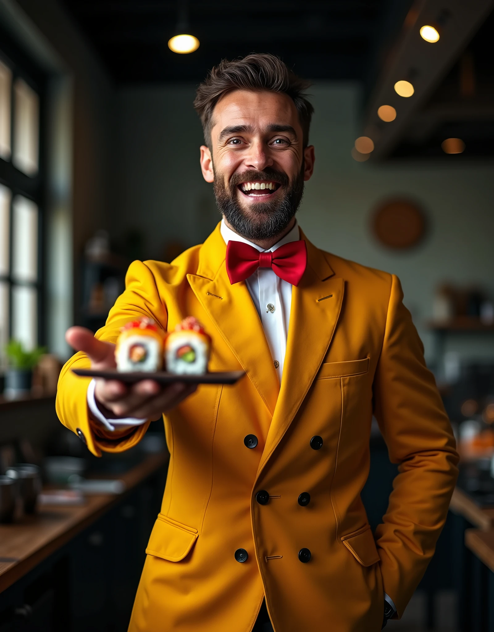 advertising photography, Angle from bottom to top, A strong man of European appearance with a slightly rounded face looks arrogantly up in a yellow jacket and a red bow tie, very excitedly stretches out his hand in motion, holding delicious Japanese rolls, Studio Photography, studio lighting, realistic skin texture and detail, the man stands slightly sideways, background dark kitchen of a restaurant where they cook Japanese rolls, The photo was taken from the waist up
