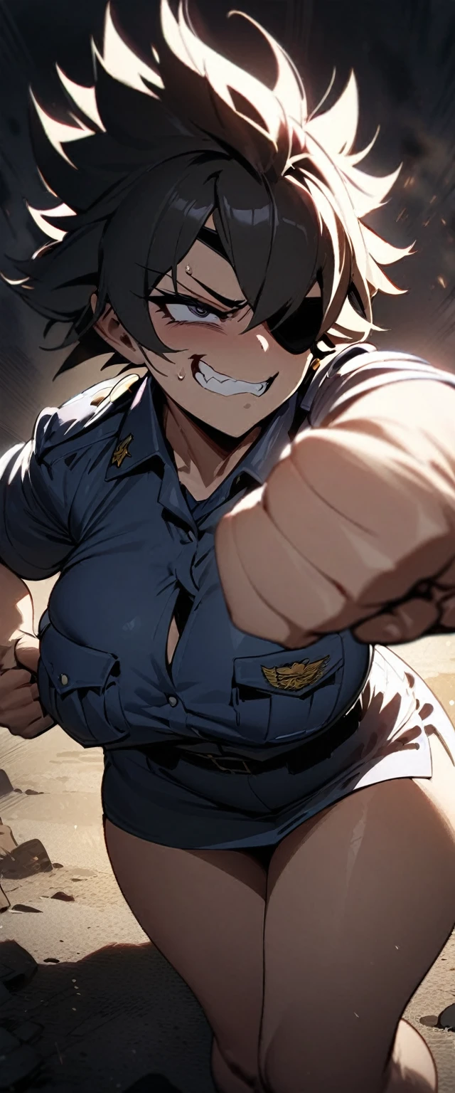 Masterpiece, high resolution, 1 girl, spiked hair, eyepatch, large Bangs, Large breast, police uniform, chunky body, furious glare, evil grins, clenshing her Fist, dramatic light, soft shadow details, clenshing her fists, large evil grin, 