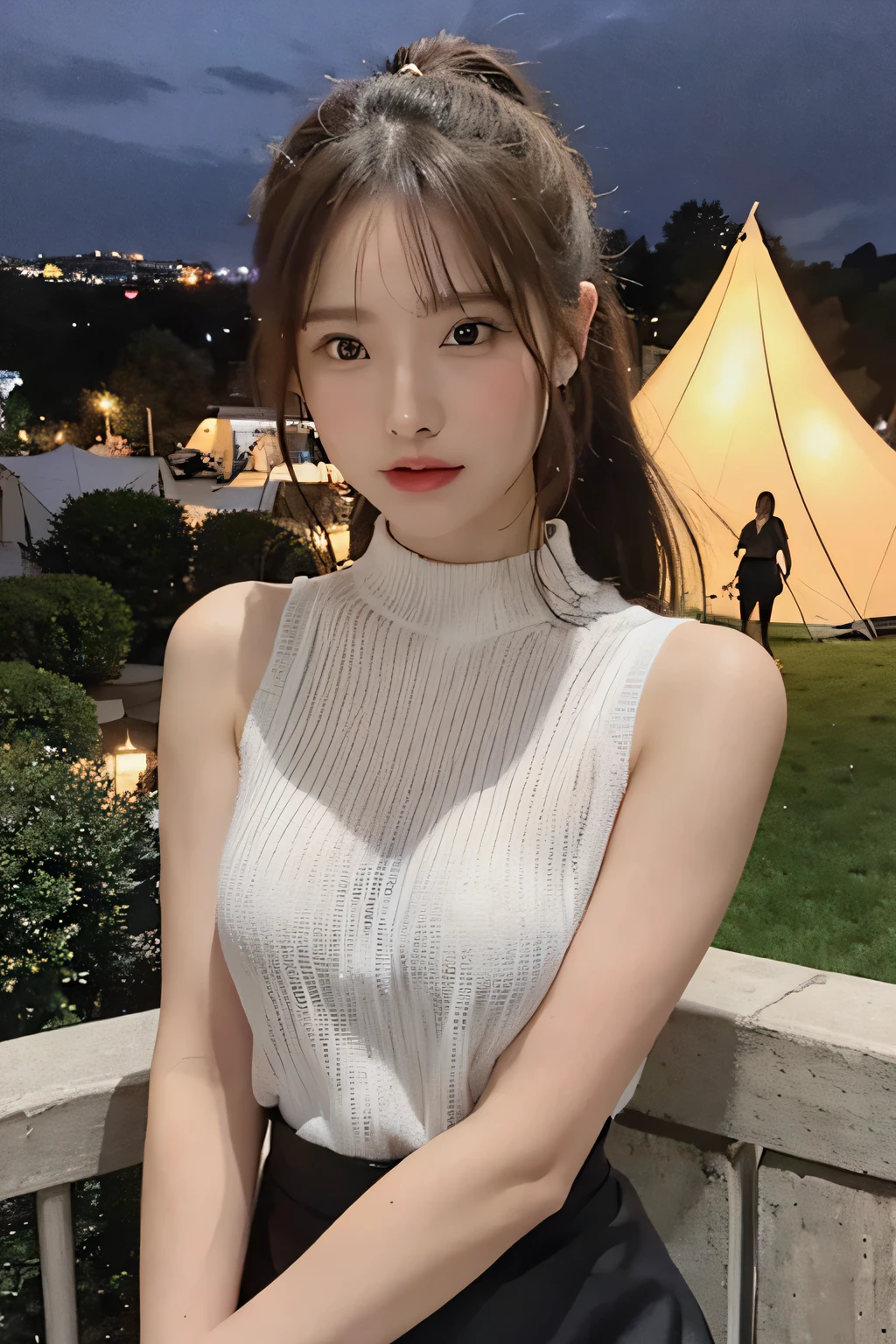 Photo of an attractive woman at an outdoor party. She has long dark hair in a ponytail and is wearing a white sleeveless sweater and skirt, a bodycon dress. She is standing on a balcony with a view over a grass field with tents lit up by lights, at night. The image was posted to Snapchat. --ar 3:4