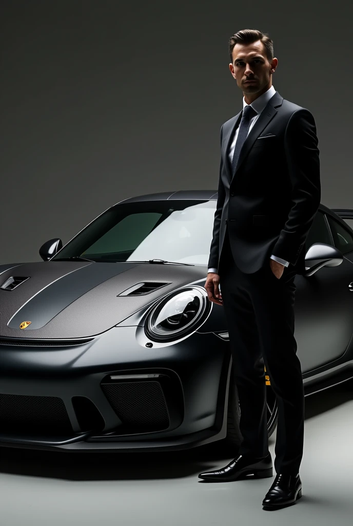 I want a man standing with matte black Porsche 911 gt3 rs front face full car photo and I am standing in front of it