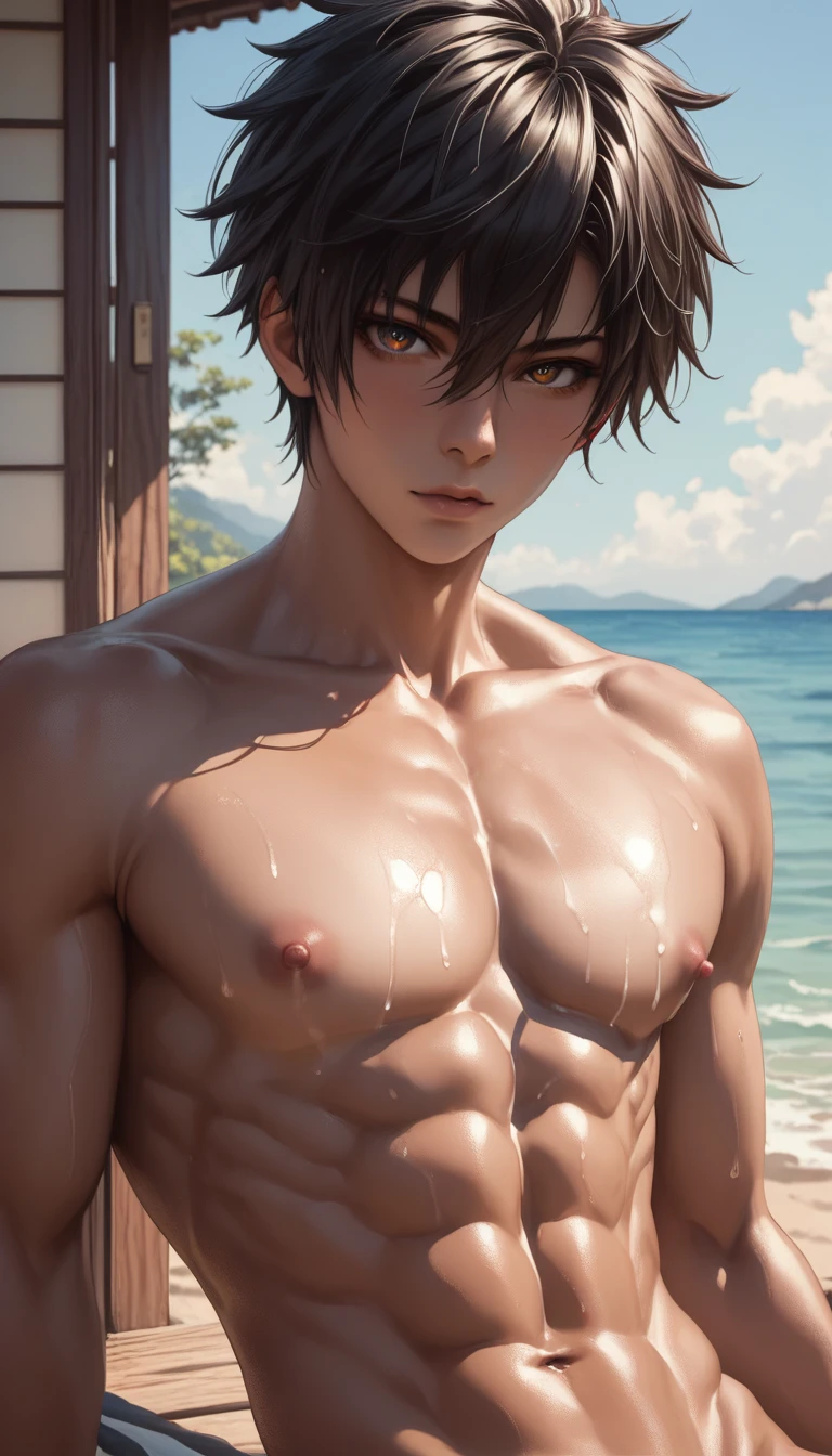 high quality, (japanese  y/o oy ), (detailed eyes), (black short hair), (abs), naked, (dark shiny skin), (detailed puffy nipples), looking at viewer, (upper half of the body), 藤の花,