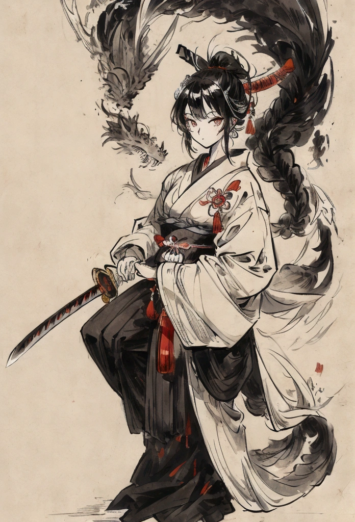 Character Design Character Reference Sheet Concept Character black and white manga style Taisho Romance action Japanese sword man Women samurai Slender full body