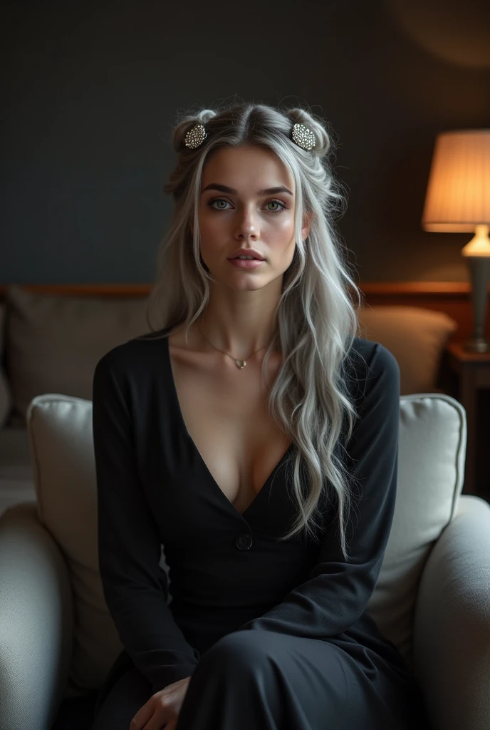 Russian girl sits elegantly on a modern soft chair, looks straight, standing straight, Against the backdrop of a dark, cozy living room, light gray long hair, good illumination of the face, realistically, photo, hair pulled back into two ponytails with sparkling hairpins