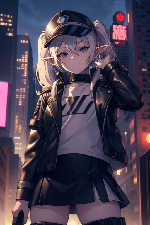 1girl, ,frieren, elf, white twin pony tail, naughty grin, tilt head, cyberpunk city, leather jacket, white cap, leather mini skirt, stylish pose,