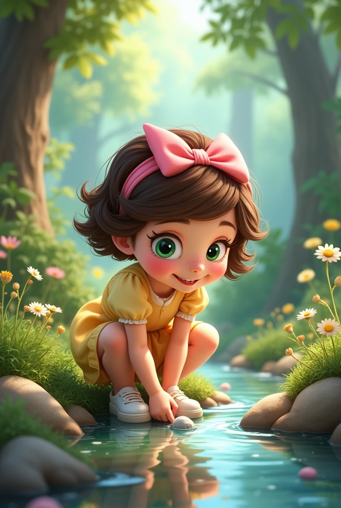 Character: Ellie, a girl Appearance: Ellie has short, curly brown hair with a pink bow on the side, large curious green eyes, a round face with freckles, and a joyful smile. She wears a light yellow dress with puffed sleeves and white shoes. A cartoon vector illustration of Ellie crouching down by a sparkling stream in the forest, examining a shiny pebble, in a 2.5D style. Ellie is smiling, her reflection visible in the water, with a curious look. https://www.seaart.ai/explore/detail/cr63v35e878c73dro50g