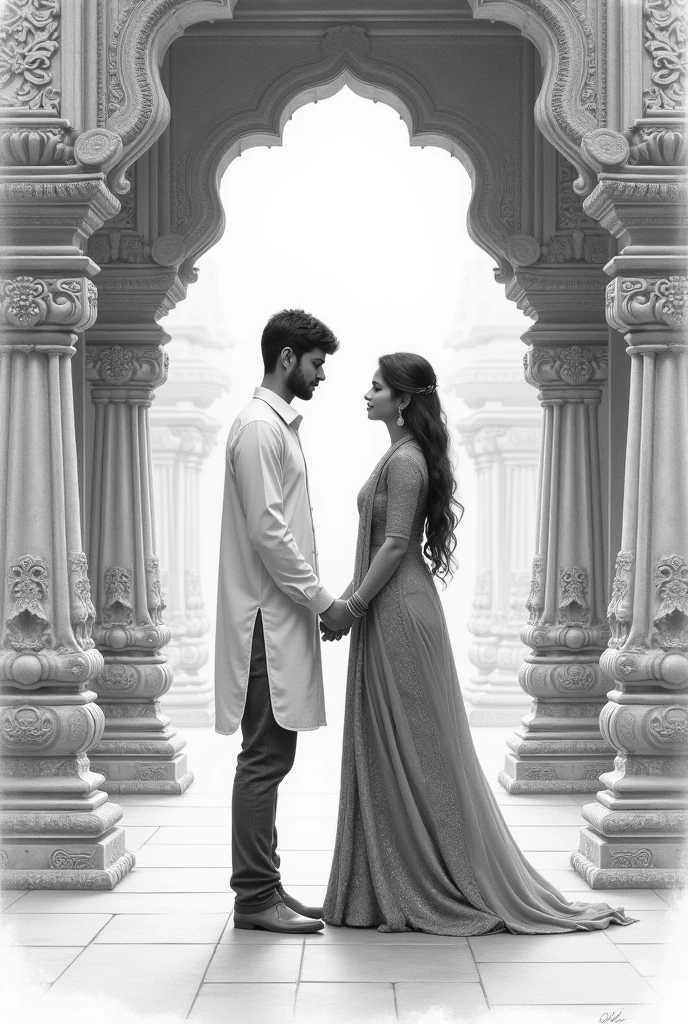 A love pair looking each other and holding their hands at Indian temple in a traditional wear and it should be like a pencil drawing