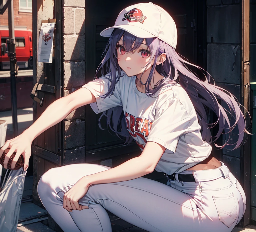 (Close-up:1.3),Realistic,Highest quality, Super detailed, High-quality CG rendering, The most delicate and beautiful, Floating softly, High resolution, (1 person), (Highest quality,4K,8k,masterpiece:1.2), Light purple hair,(Long Hair:1.5),Red eyes,(Pure white oversized short sleeve T-shirt:1.3),(Pure white skinny jeans:1.3),(Pure white baseball cap:1.3),In the city,old buildings,Narrow back alley