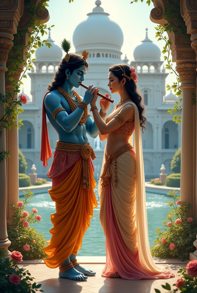 Lord blue krishna playing flute in raj mahal infront of radha
