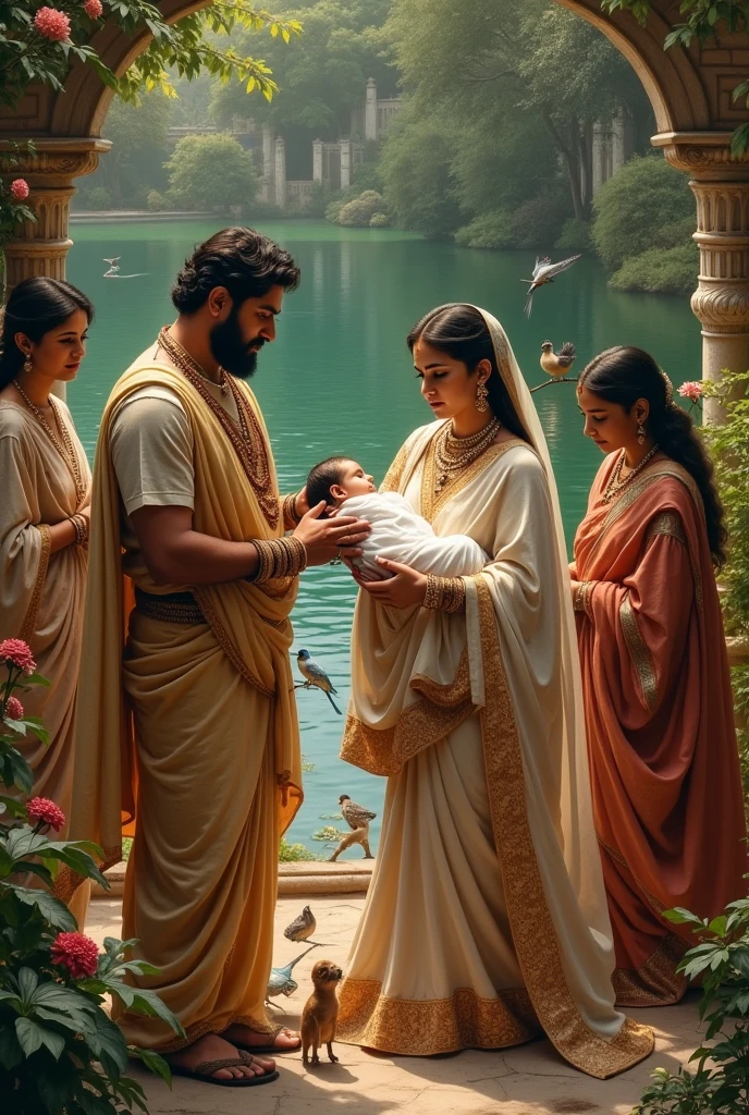 Indian queen just gave birth to baby boy in a garden with lake flowers animals birds... Nearby her is her husband and servants