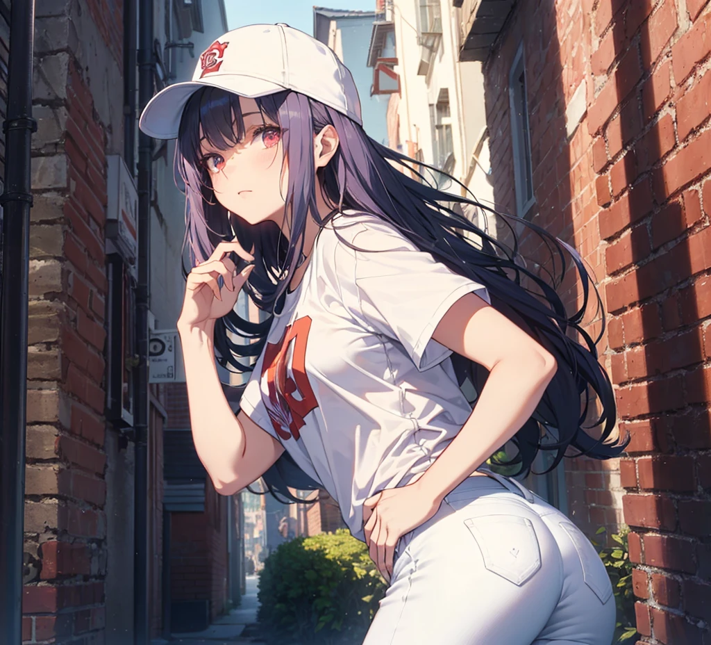 (Close-up:1.3),Realistic,Highest quality, Super detailed, High-quality CG rendering, The most delicate and beautiful, Floating softly, High resolution, (1 person), (Highest quality,4K,8k,masterpiece:1.2), Light purple hair,(Long Hair:1.5),Red eyes,(Pure white oversized short sleeve T-shirt:1.3),(Pure white skinny jeans:1.3),(Pure white baseball cap:1.3),In the city,old buildings,Narrow back alley