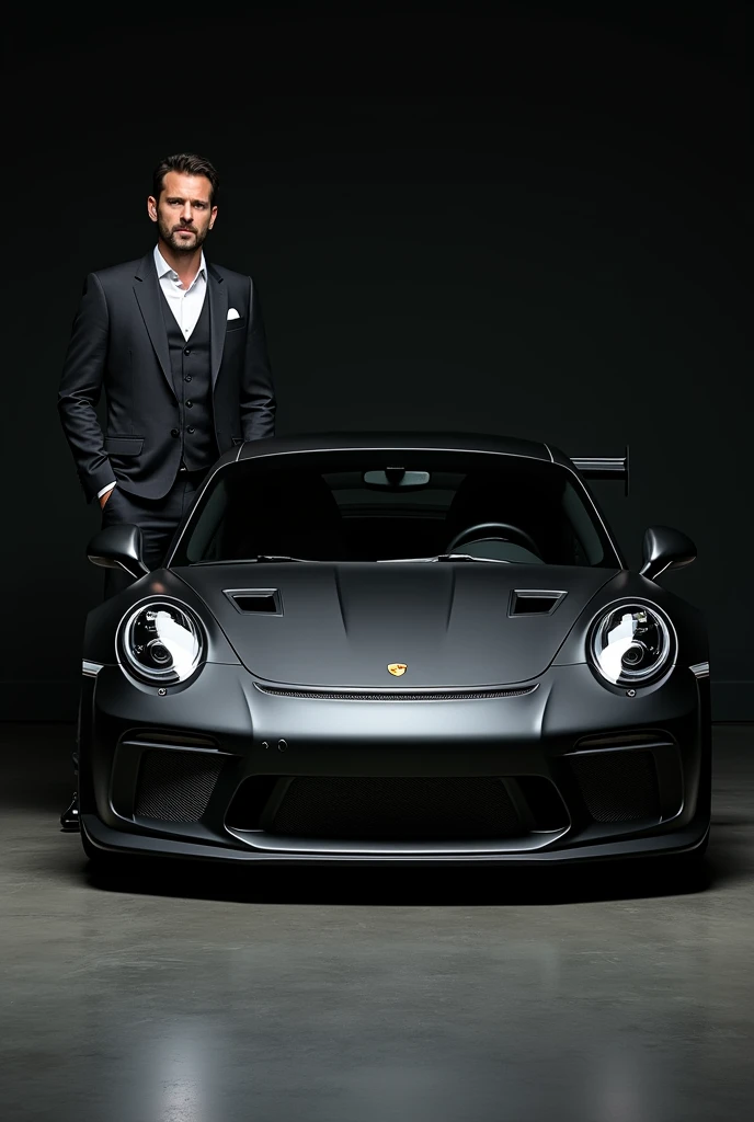 I want a man standing with matte black Porsche 911 gt3 rs front face full car photo and I am standing in front of it