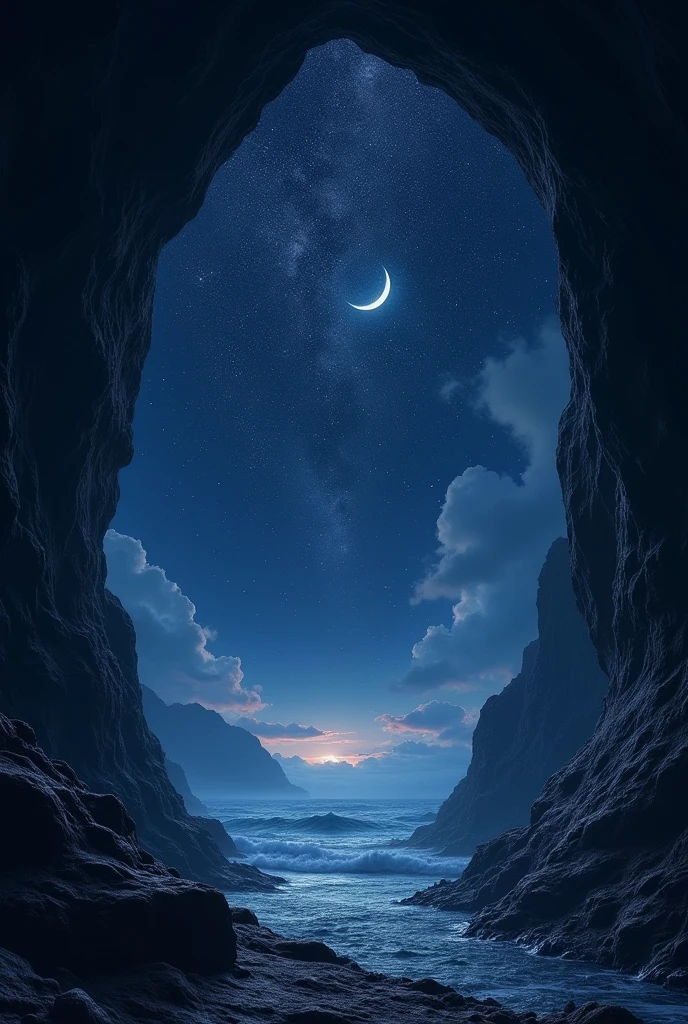 Cave opening from the top at night with stars and moon