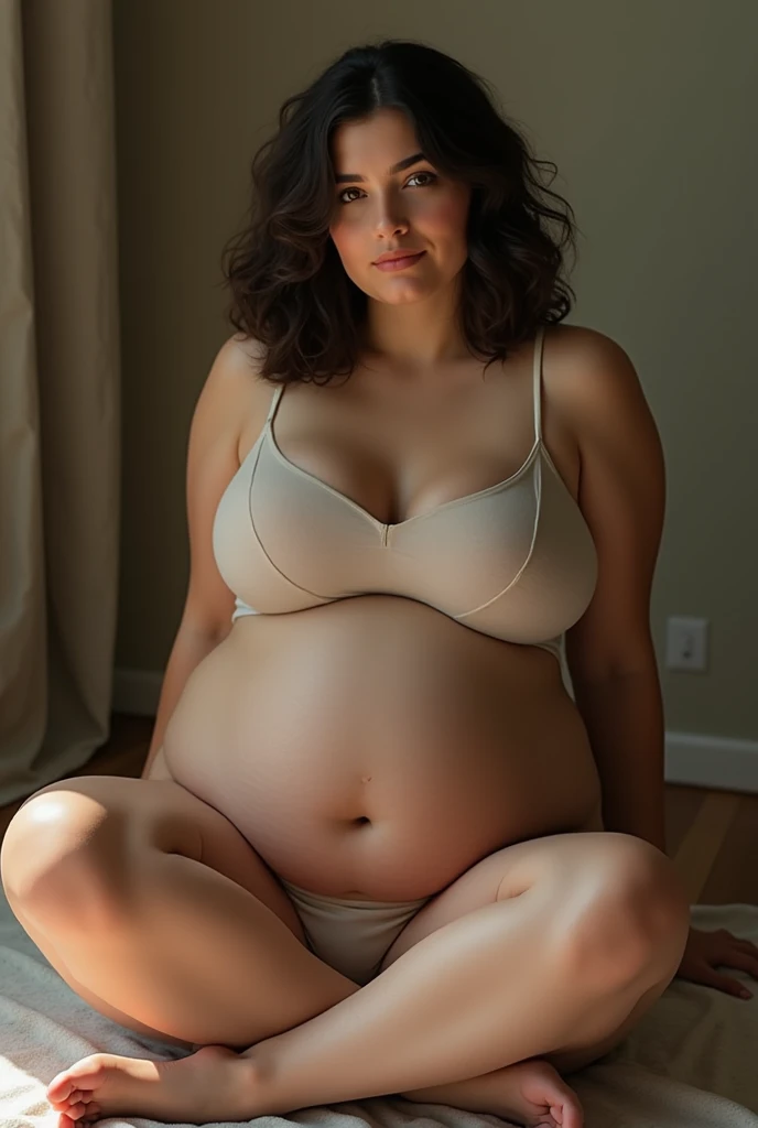 A brunette girl with curly hair and big breasts sits with her legs stretched out, taking a realistic photo