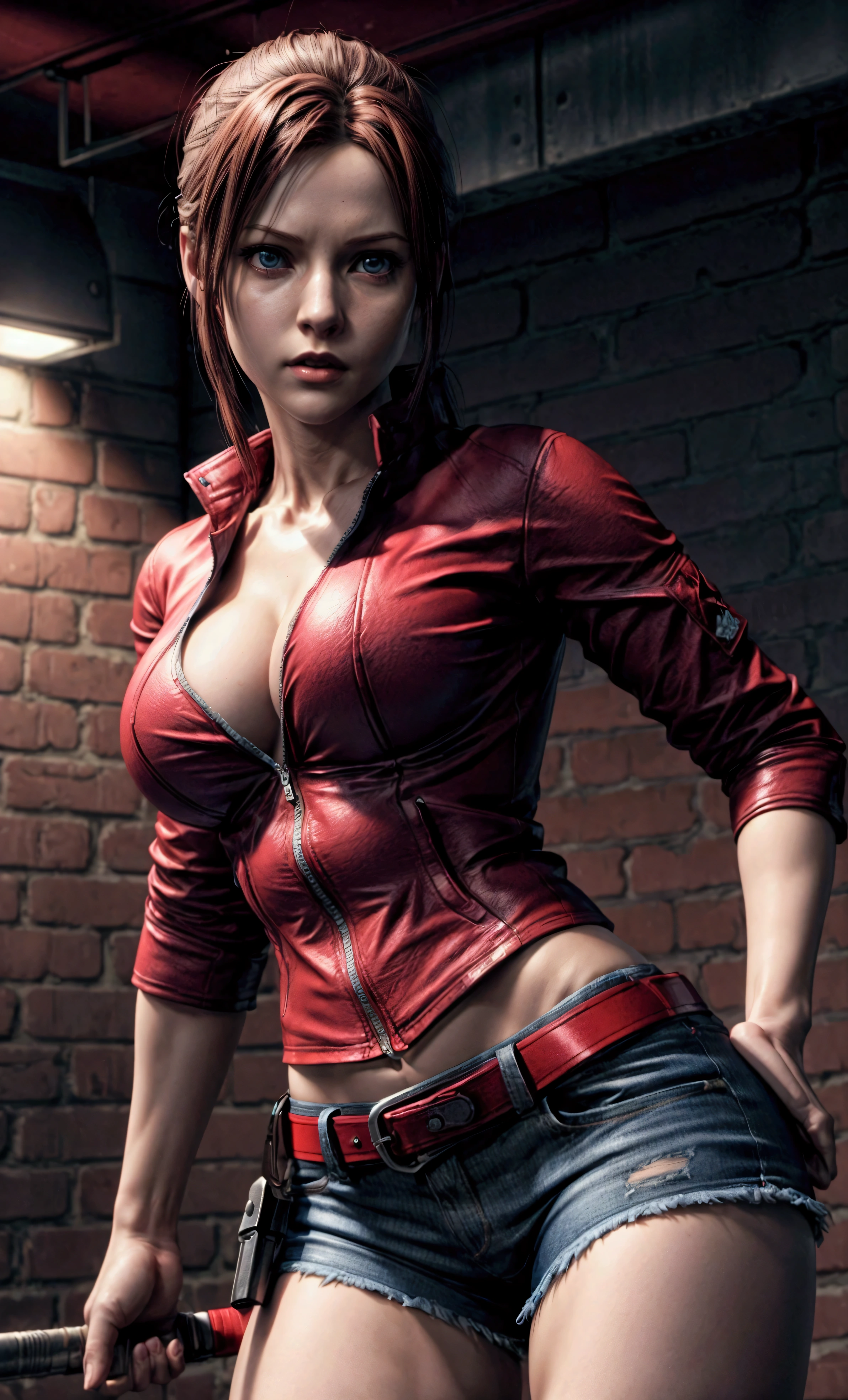 claire redfield, sexy pose, 3 size breasts, blue shorts, tight t-shirt, red jacket, military belts and straps, realistic skin, ulltra realistic art, feminine body, thin narrow waist, wonderful legs