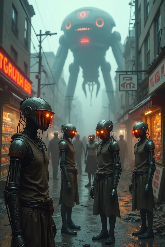 Cyber foggy style destopik street population robots humanoids old destroyed orange creepy metallic fringed with cables from their faces, talking to each other, destopyc cyberpunk street with other robots in the street their orange masks are orange and grunge and their eyes are lights,foggy street with some light spots, realistic sizes,very sad robots dressed like human poors in front of an old shop exposing old televisions they must be seen by back and are looking in front of the vitrine by back,in background a crowded very big building futuristic and sad with gigantic tower red illuminated tripod controling population with lighted eyes and cables from their bodies in train station, change point of view