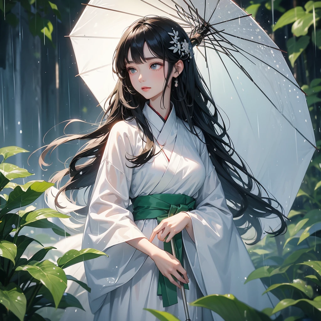A black hair beautiful female in white hanfu dress , close up.
Stand holding an umbrella to protect from the rain. Rain fell and splashed around. There are water droplets falling on the leaves in the surrounding area, green and moist, the atmosphere after rain.