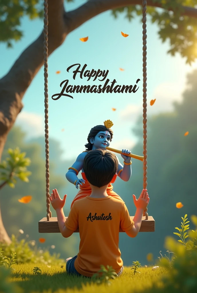 cinematic film create a 3D realistic picture "A boy is worshiping Shree Krishna and Shree krishna is sitting on a swing and playing flute and "Ashutosh" is written on the boy's t-shirts and the boy is worshiping and in the background "Happy Janmashtami" is written in bold font clearly, make sure everything should be correct in the background not available Sun ok