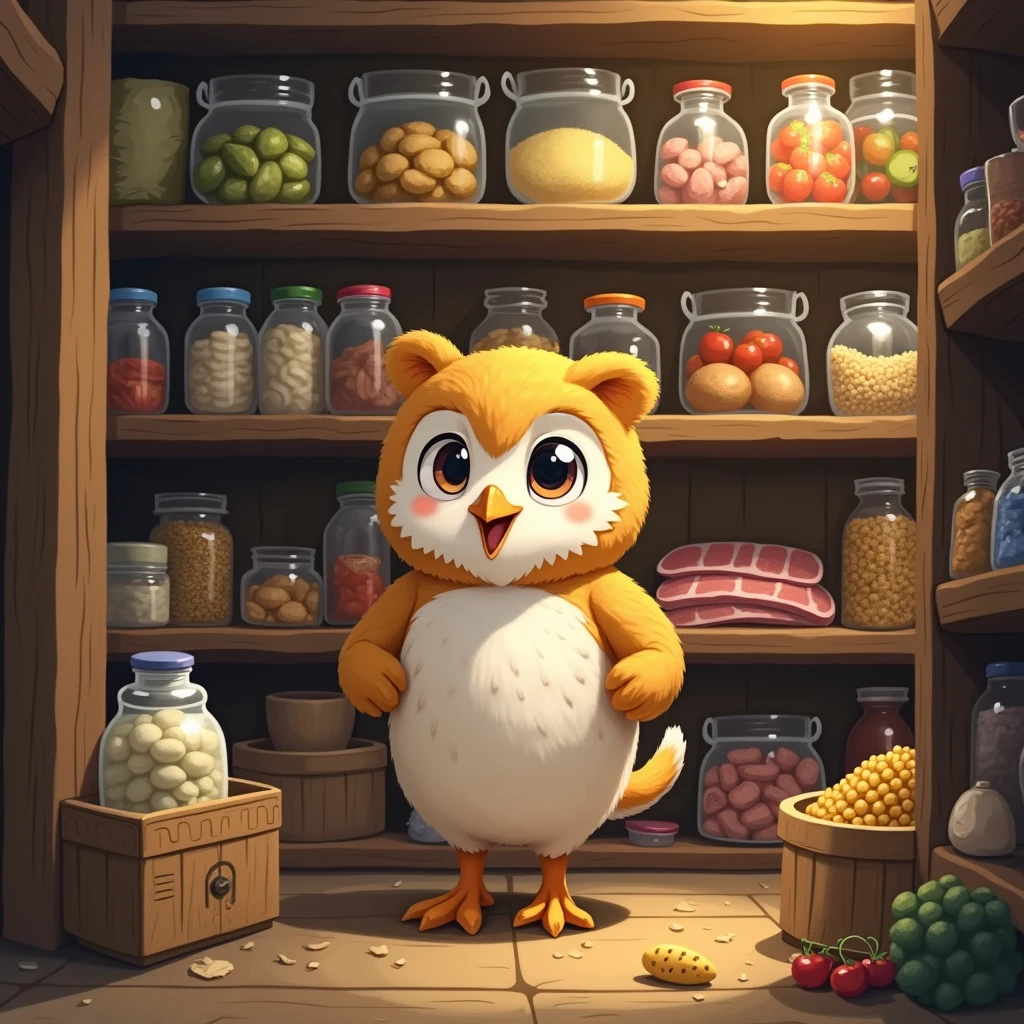 A cheerful and sweaty snowy owl girl puts supplies in a large pantry, bunker, sacks of grain on the shelves, meat, fish, canned food, vegetables