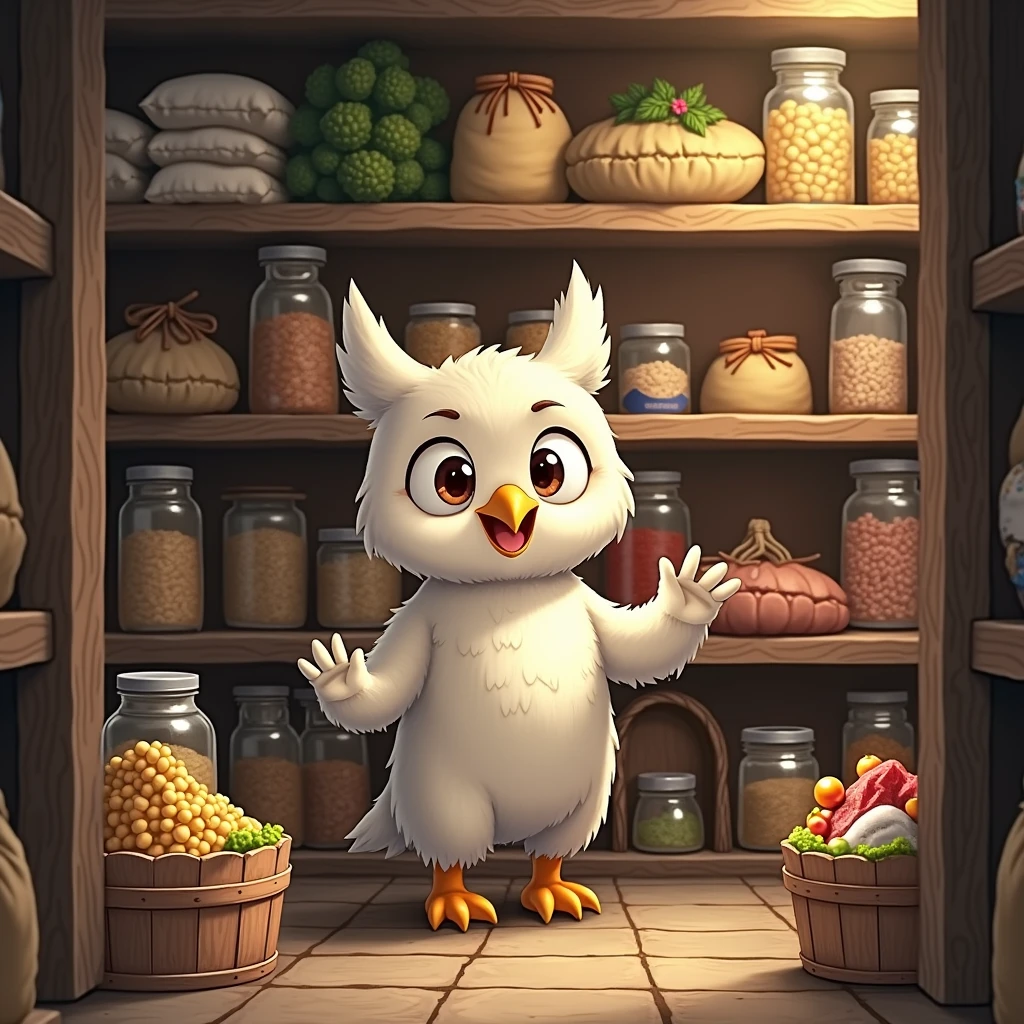 A cheerful and sweaty snowy owl girl puts supplies in a large pantry, bunker, sacks of grain on the shelves, meat, fish, canned food, vegetables