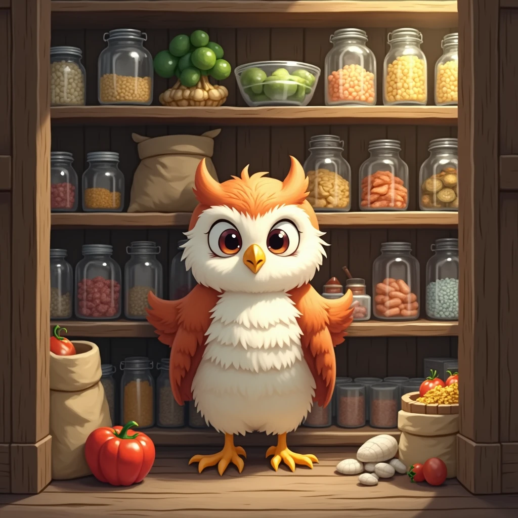 A cheerful and sweaty snowy owl girl puts supplies in a large pantry, bunker, sacks of grain on the shelves, meat, fish, canned food, vegetables