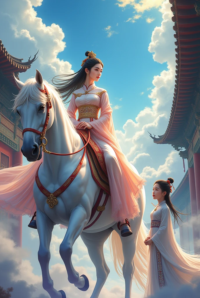 A woman in traditional attire descends from the sky on horseback, The horse is iridescent、Hanfu, palace ， A girl in Hanfu, White Hanfu, wuxia, Full body martial arts, 古代Chinese Costumeを着て, Cyansia Fantasy, 古代Chinese Costumeを着て, Chinese Costume, Anime Cosplay, Chinese style, Chinese Fantasy, Chinese traditional, Chinese traditional clothing