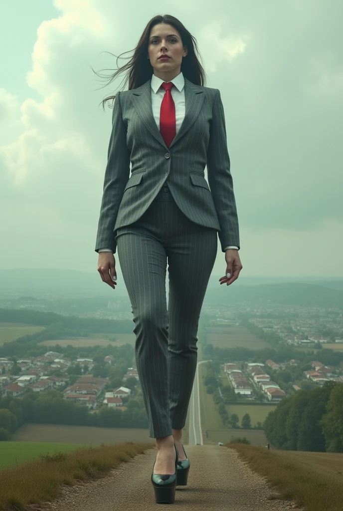 (((Massive giantess))), (masterpiece, best quality, best shadows, best shading, perfect hands, perfect face, cinematic lighting, colorful, ultra-detailed, beautiful photography, character focus, extremely-detailed, photorealistic, hyper photorealism, atmospheric), (rural destruction:1.7), ((walking, mid stride:1.2, stepping down on:1.2, stomping, crush, rampage)), (platform rounded toe pumps, high heels, stiletto heels), ((crisp white shirt, grey pinstriped three-piece suit)) (((large Windsor knot red tie))), (high altitude photography, satellite view), (busty, large heaving full bosom, legs), (city sprawl dwarfed by one high heel, farmland and small towns, destruction, buildings, roads), (((cloudy, overcast, clouds and atmosphere partly obscuring the subject:1.2, hazy atmosphere, haze in foreground, wispy clouds)))
