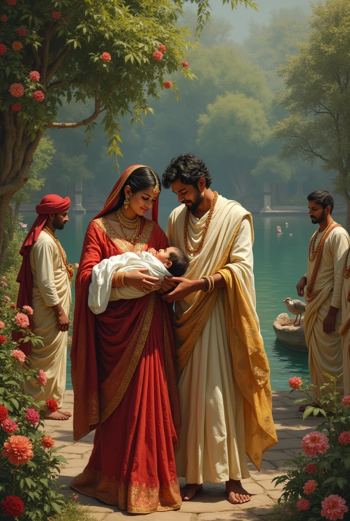 Indian queen just gave birth to baby boy in a garden with lake flowers animals birds... Nearby her is her husband and servants