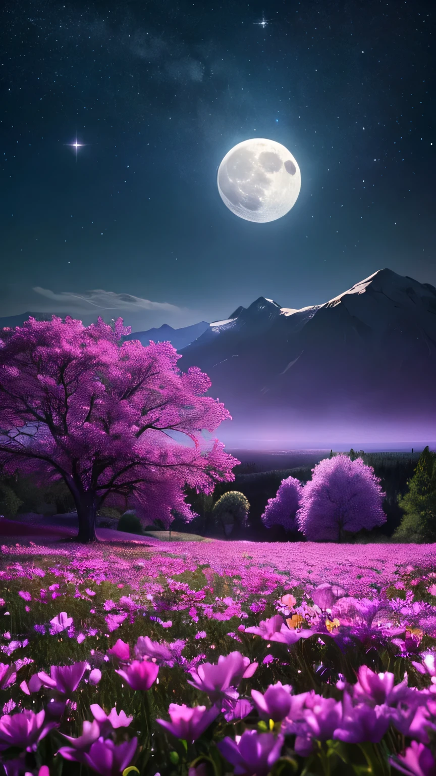 Create a vibrant sci-fi landscape featuring a starry night sky with a full moon. The background should be an expansive cosmic scene with a multitude of stars densely packed across the sky, creating a dazzling and immersive starfield. In the foreground, cover the ground with an abundant array of flowers in vivid pink, electric yellow, and deep purple. These flowers should be highly saturated and glowing, with each petal appearing almost luminous. The full moon should bathe the scene in a soft, silvery light that enhances the brilliance of the flowers and contrasts strikingly with the densely packed stars. The overall composition should be radiant and dynamic, blending the vividness of the flowers with the grandeur and depth of the star-filled sky and the moon