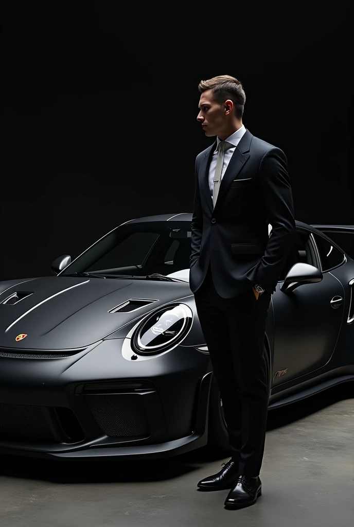I want a man standing with matte black Porsche 911 gt3 rs front face full car photo and I am standing in front of it