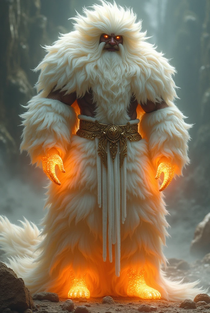 Create a person with darker skin as hue and his hair woolly in texture. The hairs of his head, it says, "were white as white wool, white as snow. His eyes were like a flame of fire, his feet were like burnished bronze, refined as in a furnace.”