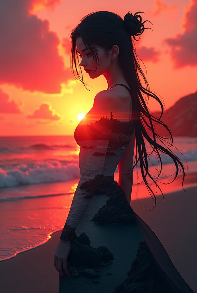 high quality, 8K Ultra HD, Game of thrones exposure that combines an anime silhouette with sunset coast, sunset coast should serve as the underlying backdrop, with its details incorporated into the goddess , crisp lines, The background is monochrome, sharp focus, double exposure, by yukisakura, awesome full color,
