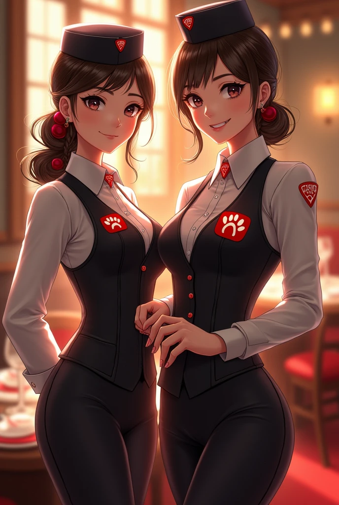 Create hostesses who have the brand pumclo on their uniform and a cat paw print in red, the letters and the paw print so that they are dressed elegantly that says PUMCLO, put a more natural hat on them