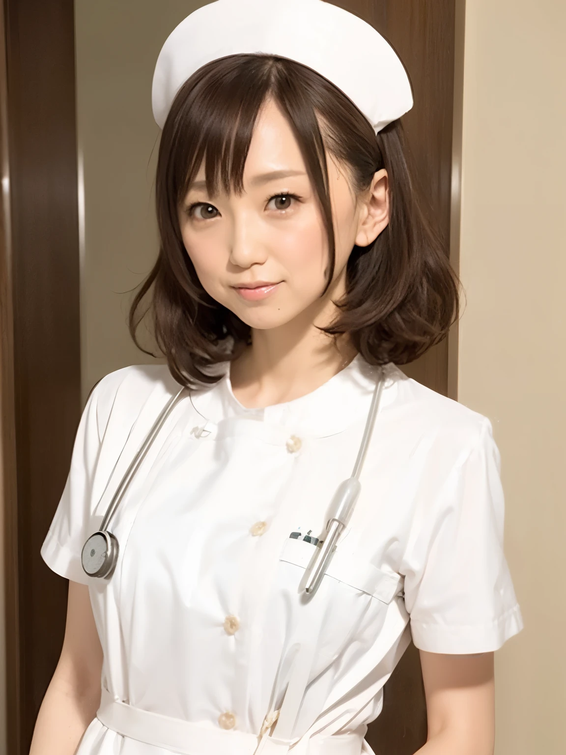woman, alone, (Wearing white nurse clothes:1.2), Upstyle, nurse, Perfect Anatomy, nurse uniform, (Nurse cap), (White costume), Long skirt, hospital, Face close-up,