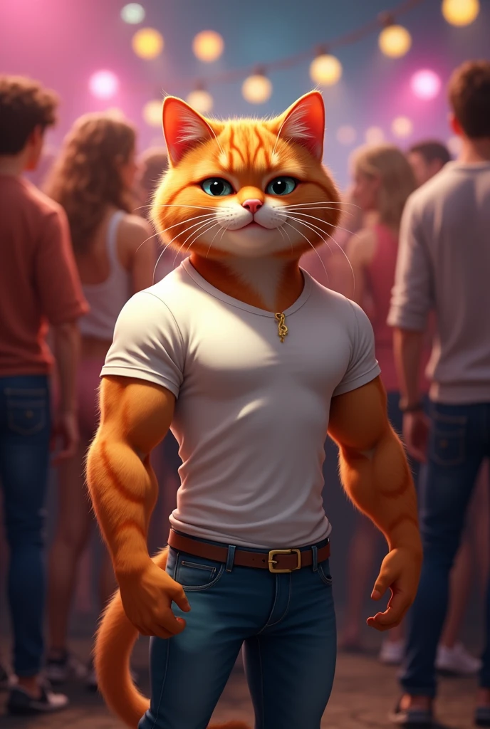 Ek party me Ek handsome muscular ginger cat jisne white t-shirts and jeans pehni h sabki najar uss par hi tiki h esi image genret krk do