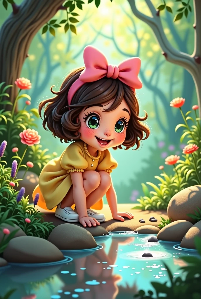 Character: Ellie, a girl Appearance: Ellie has short, curly brown hair with a pink bow on the side, large curious green eyes, a round face with freckles, and a joyful smile. She wears a light yellow dress with puffed sleeves and white shoes. A cartoon vector illustration of Ellie crouching down by a sparkling stream in the forest, examining a shiny pebble, in a 2.5D style. Ellie is smiling, her reflection visible in the water, with a curious look. https://www.seaart.ai/explore/detail/cr63v35e878c73dro50g