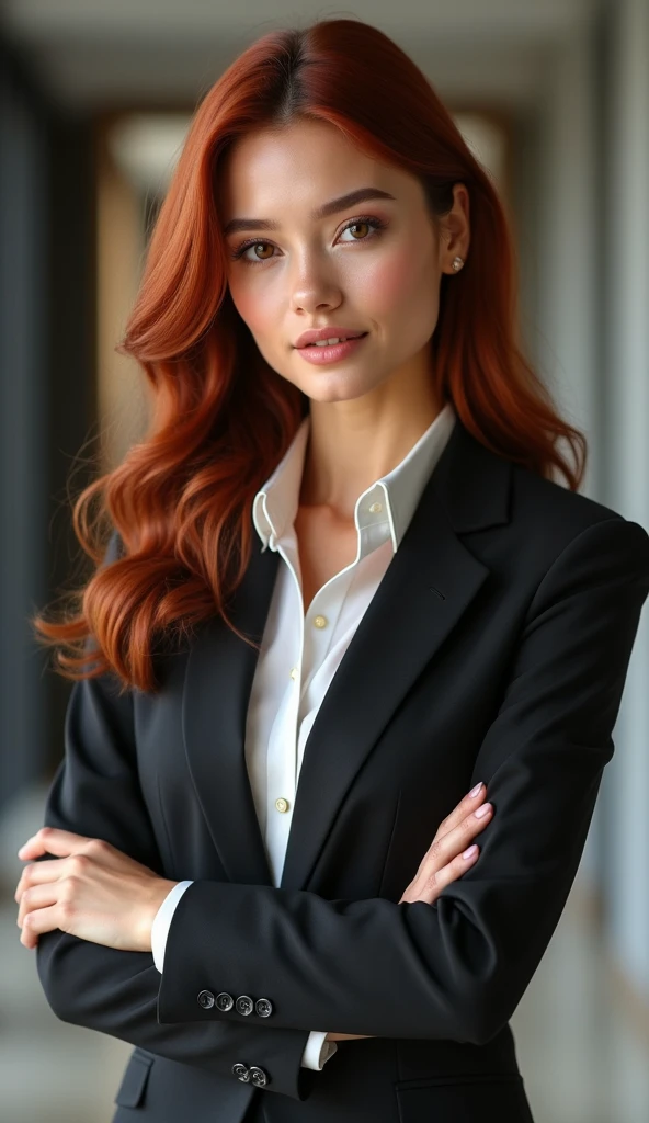 American gorgeous woman, who is a Entrepreneur, she is 2 White skin, Dark redish Eyes, Leather black Hair, Full body Pose, Poised, Wavy stylish hair, Modern, Different Backgrounds, Different coloured Clothes *THERE SHOULD BE SAME CHARACTER IN EVERY IMAGE THAT YOU GENERATE*, SAME FACE STRUCTURES