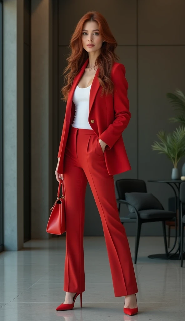 American gorgeous woman, who is a Entrepreneur, she is 2 White skin, Dark redish Eyes, Leather black Hair, Full body Pose, Poised, Wavy stylish hair, Modern, Different Backgrounds, Different coloured Clothes *THERE SHOULD BE SAME CHARACTER IN EVERY IMAGE THAT YOU GENERATE*, SAME FACE STRUCTURES
