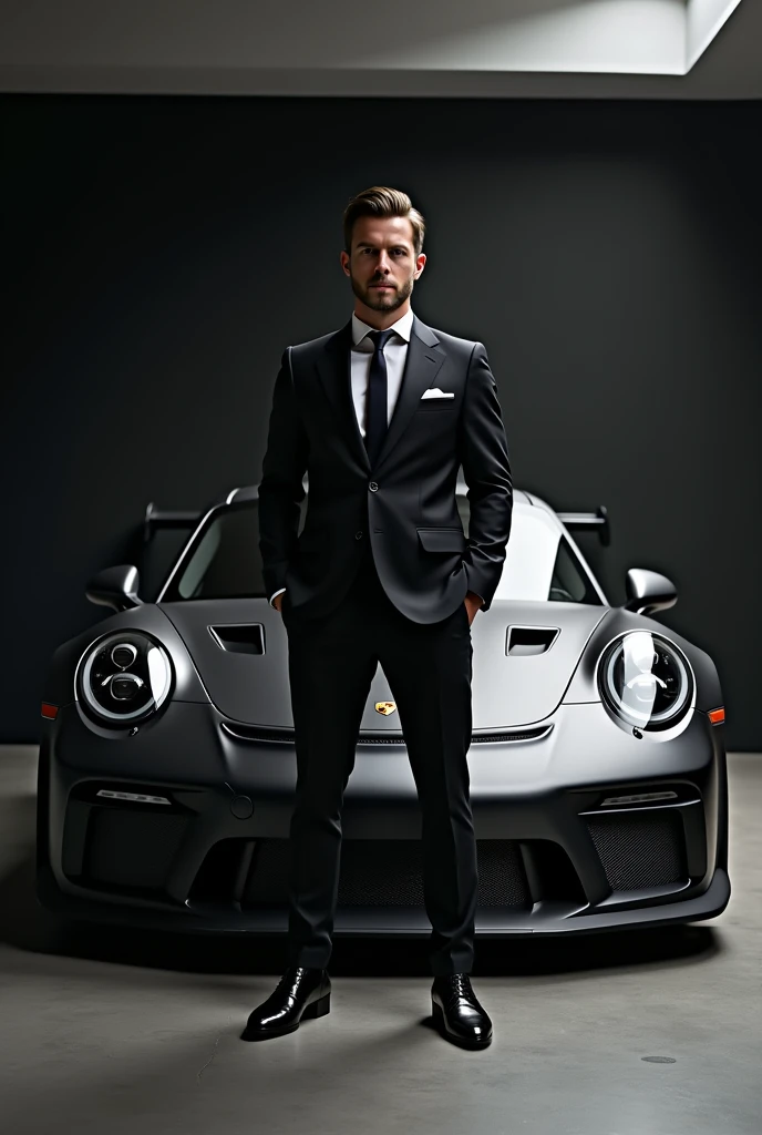 I want a man standing with matte black Porsche 911 gt3 rs front face full car photo and I am standing in front of it