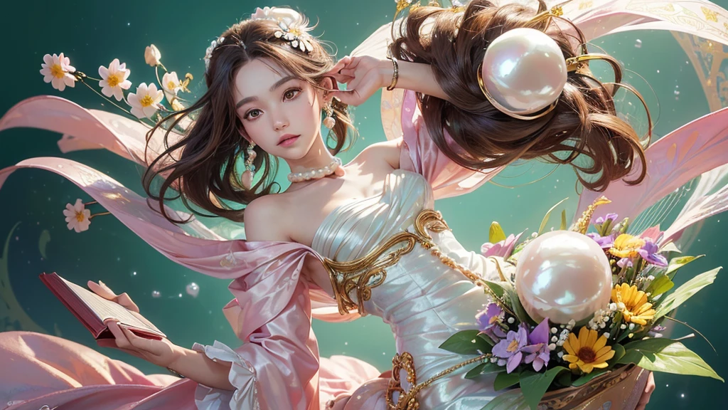 32K, 最高quality, 最高masterpiece, (ultra-Detailed Background, Detailed Background), High resolution, Super detailed, Very detailedな, 1 personの, (bouquet:1.3), (Tangled:1.2), (Geometric:1.2),(colorful),(masterpiece, quality, best quality, Official Art, Beautiful and beautiful:1.2), (1 person:1.3), Very detailed,(colorful:1.1)(Flowers:1.3),Most detailed,(Tangled:1.2), whole body, (Abstract background:1.3), (Skin glows), (Many colors:1.4), ,(Earrings Pearl:1.5), Light green background, It's imaginative., Brunette Hair, Updo, Holding a book, Holding a pen, Satin shirt
