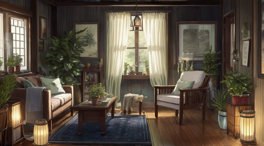 "Create a cozy, softly lit indoor scene set in a small, warm-toned bedroom. The focal point is a student sitting at a wooden table near a window, turning the pages of a book that rests on the table. The student, wearing headphones, is surrounded by a few other books and an open notebook on the table. Outside the window, gentle rain falls, with raindrops softly streaming down the glass. Nearby, a cat sleeps peacefully on a comfortable armchair, occasionally flicking its tail. The background features potted plants, like ferns or succulents, and soft decorative elements, such as colorful cushions, a cozy blanket draped over the chair, and a small rug on the floor. The walls are adorned with framed posters or paintings, adding a personal touch to the space. The overall color palette is warm and vintage-inspired, creating a calm and inviting atmosphere.

The image subtly includes animation elements: the plants gently sway, a soft light flickers, the student turns a page, and raindrops slide down the window, all seamlessly looping to evoke a calming, relaxing environment.