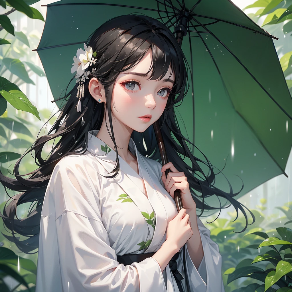 A black hair beautiful female in white hanfu dress , close up.

Stand holding an umbrella to protect from the rain. Rain fell and splashed around. There are water droplets falling on the leaves in the surrounding area, green and moist, the atmosphere after rain.