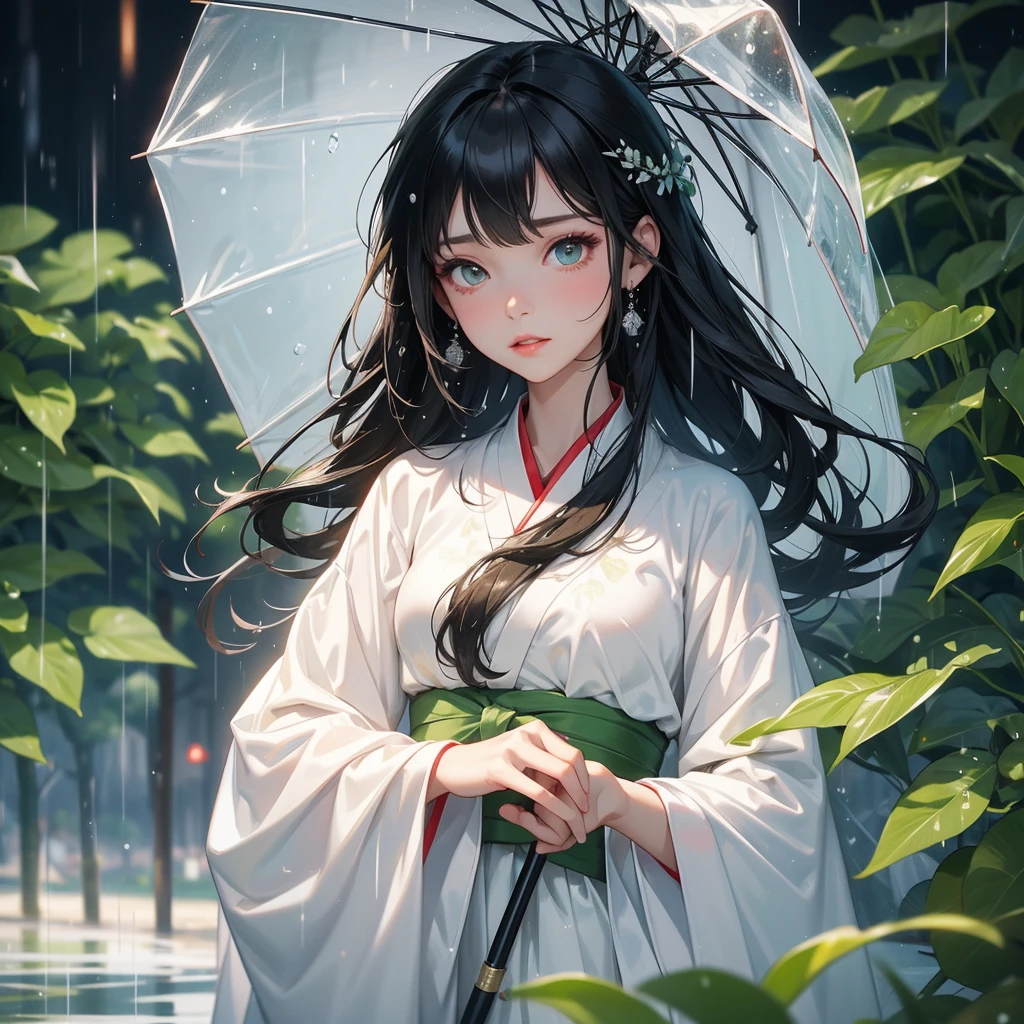 A black hair beautiful female in white hanfu dress , close up.

Stand holding an umbrella to protect from the rain. Rain fell and splashed around. There are water droplets falling on the leaves in the surrounding area, green and moist, the atmosphere after rain.