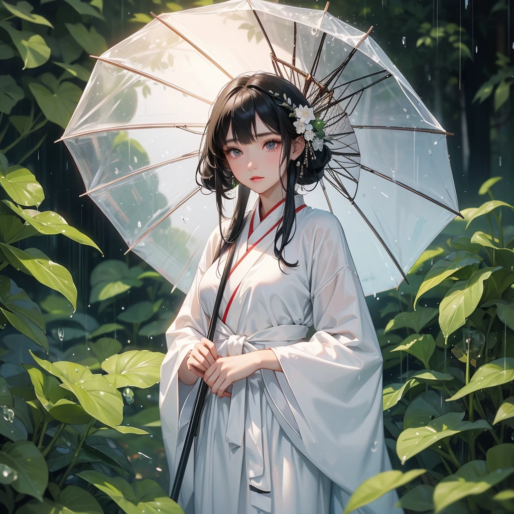 A black hair beautiful female in white hanfu dress , close up.
Stand holding an umbrella to protect from the rain. Rain fell and splashed around. There are water droplets falling on the leaves in the surrounding area, green and moist, the atmosphere after rain.