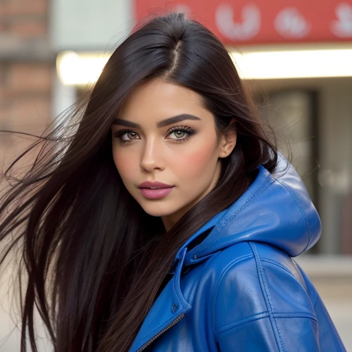 Best quality, realistic, from the front in first person, On the street, (a female mexican Supermodel), (Seductive Blue Leather Coat:1.1), split, seductive smile, (dark hair), (hairstyle:1.0), Perfect eyes, sharp parts, detailed face, face-makeup, cheeks turn red, Eyeliner, eyeshadow, lip gloss, Supermodel, (Deep Focus), (hard lighting), (Night time), (realistic lighting:1.0)